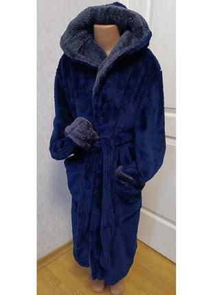 Теплый детский халат, на запах, с капюшоном р. 10-12.12-14 синий с серым