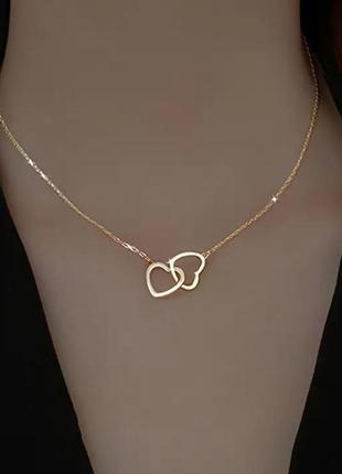 Цепочка с кулоном двойное сердце золотистая украшение на шею бижутерия2 фото