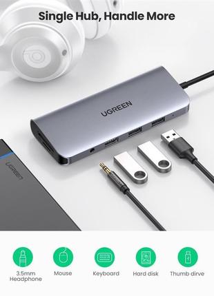 Концентратор usb type-c ugreen cm179 3xusb 3.0 + hdmi + vga + rj45 1000m ethernet + cardreader + 3.5 мм, gray4 фото