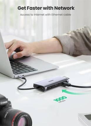 Концентратор usb type-c ugreen cm179 3xusb 3.0 + hdmi + vga + rj45 1000m ethernet + cardreader + 3.5 мм, gray5 фото