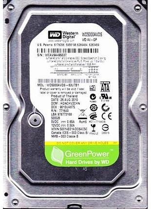 Накопичувач hdd sata  500gb wd av-gp 32mb (wd5000avds) refurbished
