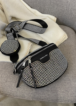 Женская сумка слинг кроссбоди бананка нагрудная сумка блестящая стразы