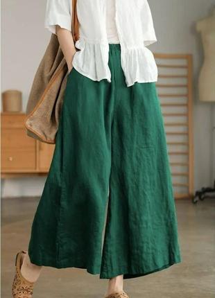 Штани кюлоти кльош палаццо з льону оверсайз брюки бежеві зелені чорні трендові стильні