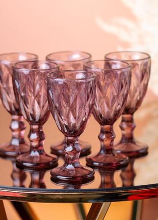 Чарка на ніжці для міцних напоїв фігурна гранована з товстого скла набір 6 шт рожевий