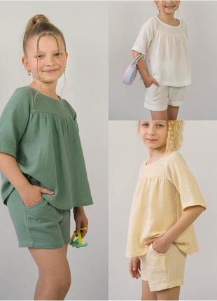 Літній комплект з мусліну, мусліновий комплект для дівчат, муслиновый комплект для девочки, лёгкий літній костюм з мусліну