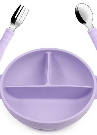 Набор детской силиконовой посуды 2life y2 глубокая трехсекционная тарелка и ложка вилка фиолетовый v-12076