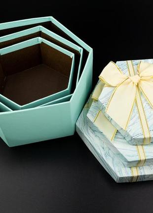 Коробка подарочная шестиугольная с бантиком. 3шт/комплект. цвет бирюзовый. 19х10см.5 фото