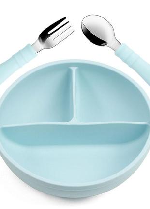 Набор детской силиконовой посуды 2life y5 глубокая трехсекционная тарелка и ложка вилка голубой v-12079