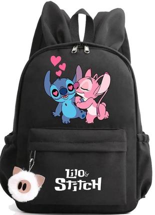 Рюкзак шкільний зі стичем (stitch) для дівчаток з вушками та брелоком чорний