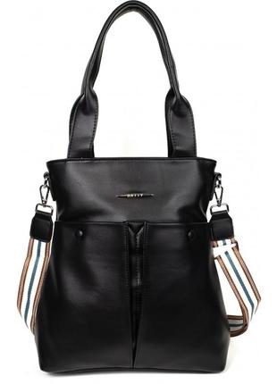 Жіноча стильна прямокутна сумка, тоут, через плече, екошкіра, чорна1 фото