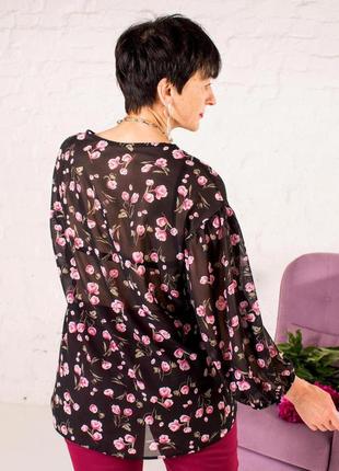 Женская шифоновая блузка свободного силуэта" саманта", рукав 3/4 , р-р   48,50,52,54,56, черная3 фото