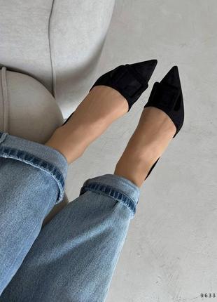 Женские туфли на каблуке эко замша черные9 фото