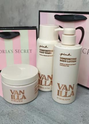 Скраб + лосьйон + гель для миття тіла «vanilla». pink. victoria's secret. оригінал 🇺🇸