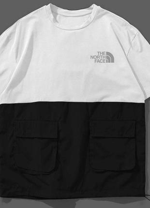 Спортивная футболка зе нот фэйс the north face из двух цветов с накладными карманами низ из плащёвки черная белая бежевая коричневая свободная трендовая стильная