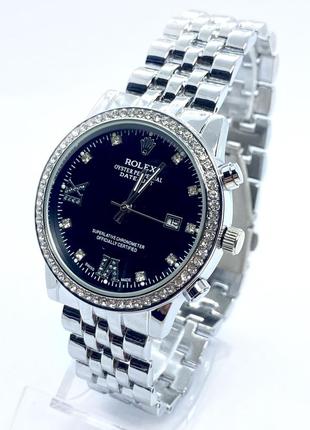 Часы женские наручные rolex (ролекс), серебряные с черным циферблатом ( код: ibw898sb )