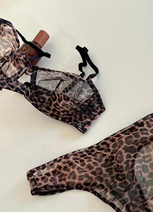 Комплект нижнего белья леопардовый принт сеточка черный3 фото