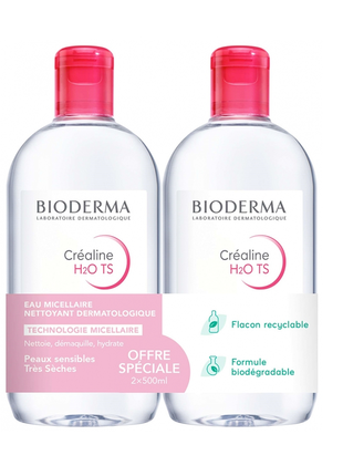 Bioderma біодерма набір міцелярної води для зняття макіяжу créaline h2o ts, 2 x 500 мл