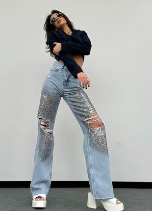 Женские рваные джинсы с золотым напылением и леопардовым принтом, классические, с разрезами, клеш, прямые, трубы, широкие, на высокой посадке, коттон, брюки4 фото