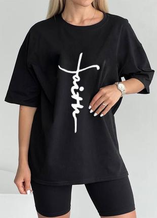 Спортивный костюм футболка оверсайз с принтом велосипедки мини комплект черный шорты трендовый стильный4 фото