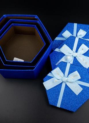 Коробка подарункова шестикутник. 3 шт./комплект. колір синій глітер. 19х10см.4 фото