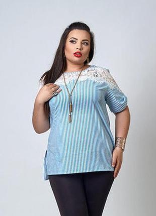 Молодіжна блуза з льону, великого розміру, уверх прикрашений гіпюром, р.52 блакитна смужка1 фото