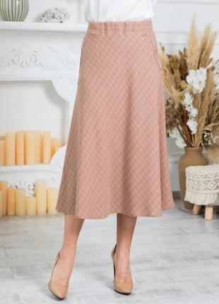 Женская  юбка-годе  " фенди ", ткань трикотаж, пояс резинка,  р. 46,48,50,52,54,56 беж в белую кл.5 фото