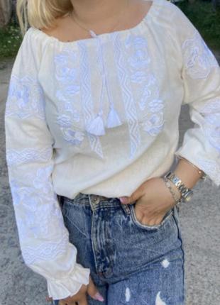 Женская нардная блузка-вышиванка "ливия", вышивка гладь, р. xl.2xl топленое молоко1 фото