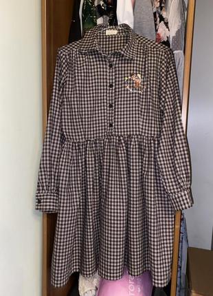 Милое коричневое платье в клетку с вышивкой бемби dolly kawaii otoome jsf из кореи
