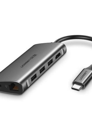 Концентратор usb type-c ugreen cm121 3xusb 3.0 + hdmi + rj45 1000m ethernet + cardreader, gray (50538)