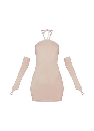 Сукня облягаюча бежева в рубчик з окремими рукавами xl prettylittlething