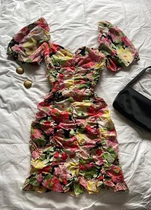 Zara 100% хлопок, летнее мини платье с драпировкой в цветы, с пышными рукавами фонариками, буфами, натуральная ткань, обмен