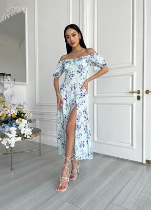 Платье миди с цветами, с разрезом на ноге, с открытыми плечами, с обнаженными, с рюшей, платье, фиолетовое, мятное, зеленое, зеленая, фиолетовая, мятная