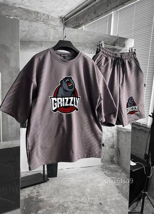 Коричневый спортивный костюм мужская футболка шорты оверсайз с принтом grizzly