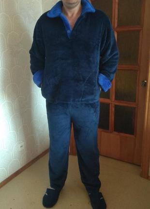 Тепла зимова чоловіча махрова піжама, домашній теплий костюм, р-р  2хл (52-54), 3хл (56-58) синя2 фото
