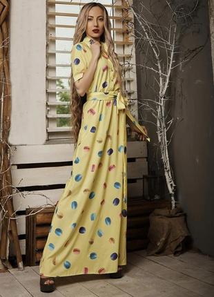 Летнее женское длинное платье, макси, легкая ткань софт, на талии резинка р. 44,46 желтое макаруны