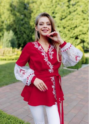 Женская блузка - вышиванка поморозь, вышивка крестик, ткань 100% лён р. s,l,xl,2xl красная с белым1 фото