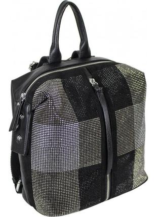 Женская,стильная сум-рюкзак,экокожа и иск.замш,одна короткая ручка,две лямки,3 отделения,стразы(2057-2) черный2 фото