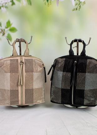 Женская,стильная сум-рюкзак,экокожа и иск.замш,одна короткая ручка,две лямки,3 отделения,стразы(2057-2) черный8 фото