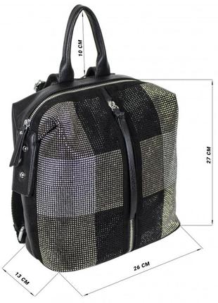 Жіноча, стильна сум-рюкзак, кокоса та віск.замш, одна коротка ручка, дві лямки, 3 відділення,стрази (2057-2) чорний6 фото