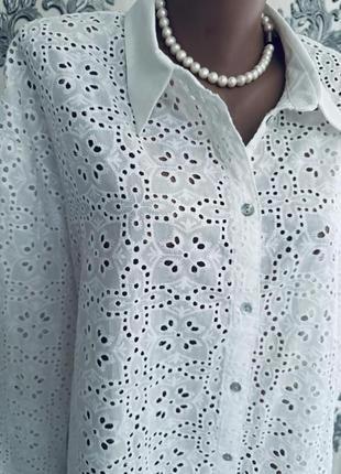 Шикарная рубашка сорочка блуза блузка прошва выбитая большая белая ришелье кружево вышитая