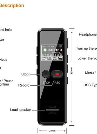 Цифровий диктофон tschisen digital voice recorder з голосовою активацією 3072 кбіт/с 8 гб чорний8 фото