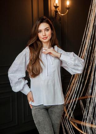 Женская льняная блузка - вышиванка сапфира, рукав украшен вышивкой, р. s.xl.2xl белая4 фото