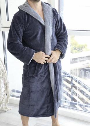Теплый махровый мужской халат, длинный, на запах, больших размеров, батал, с капюшоном р.58,60,62 серый