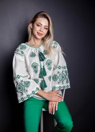 Женская нарядная блузка - вышиванка "карина", длинный рукав, р. s.m.l.xl.2xl  белая с зелен