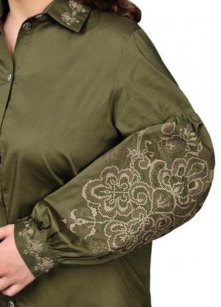 Женская блузка на пуговицах, рубашка - вышиванка, ткань коттон р. 46,48,50,52,54,56 хаки3 фото