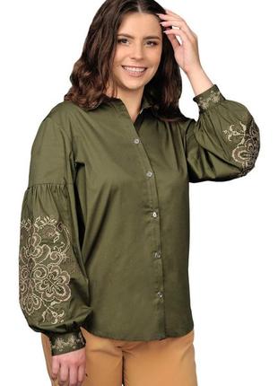 Женская блузка на пуговицах, рубашка - вышиванка, ткань коттон р. 46,48,50,52,54,56 хаки4 фото