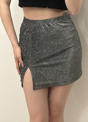 Спідниця з розрізом юбка міні з люрексом з блисткітками3 фото
