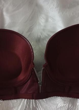 Комплект женского белья, бюстье под кожу,пушап, впереди застежка-змейка,  чашка с, 85,.трусики xl, цвет бордо.8 фото