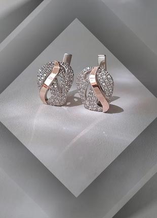 🛍 серьги серебро с золотом фианит белый