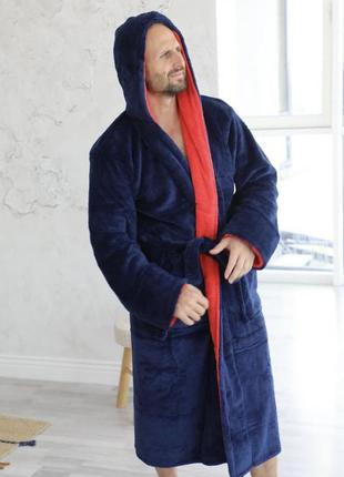 Теплый махровый мужской халат, длинный, на запах, под пояс, с капюшоном р.44,46,48,50,52,54,56 синий с красн